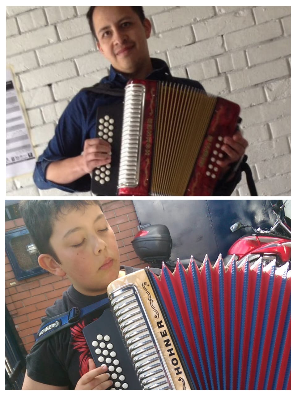 Adultos y niño disfrutando de una clase de acordeon vallenato curso libre en Bogotá, Colombia