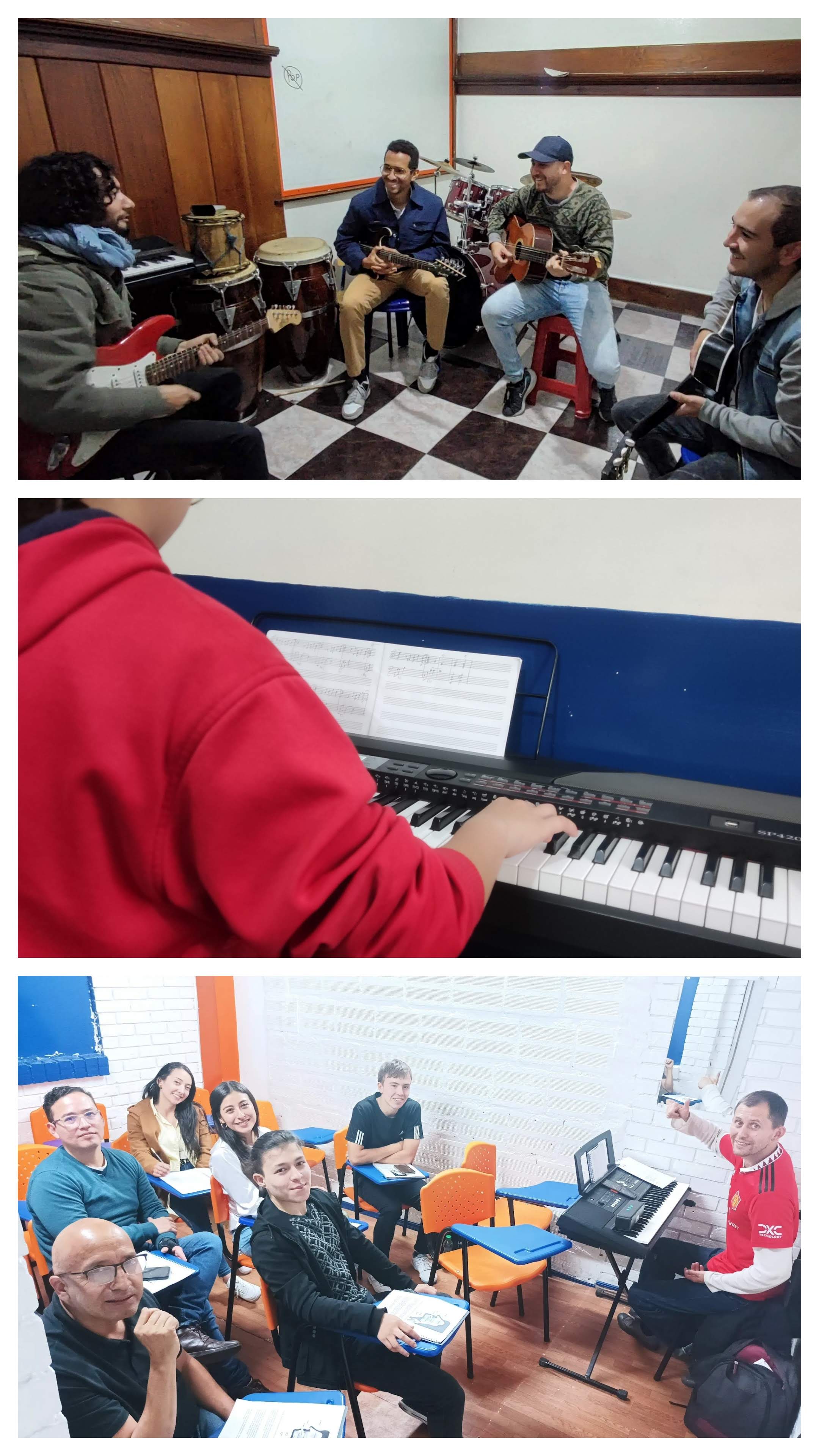 Adultos disfrutando de una clase de música individual curso libre en Bogotá, Colombia